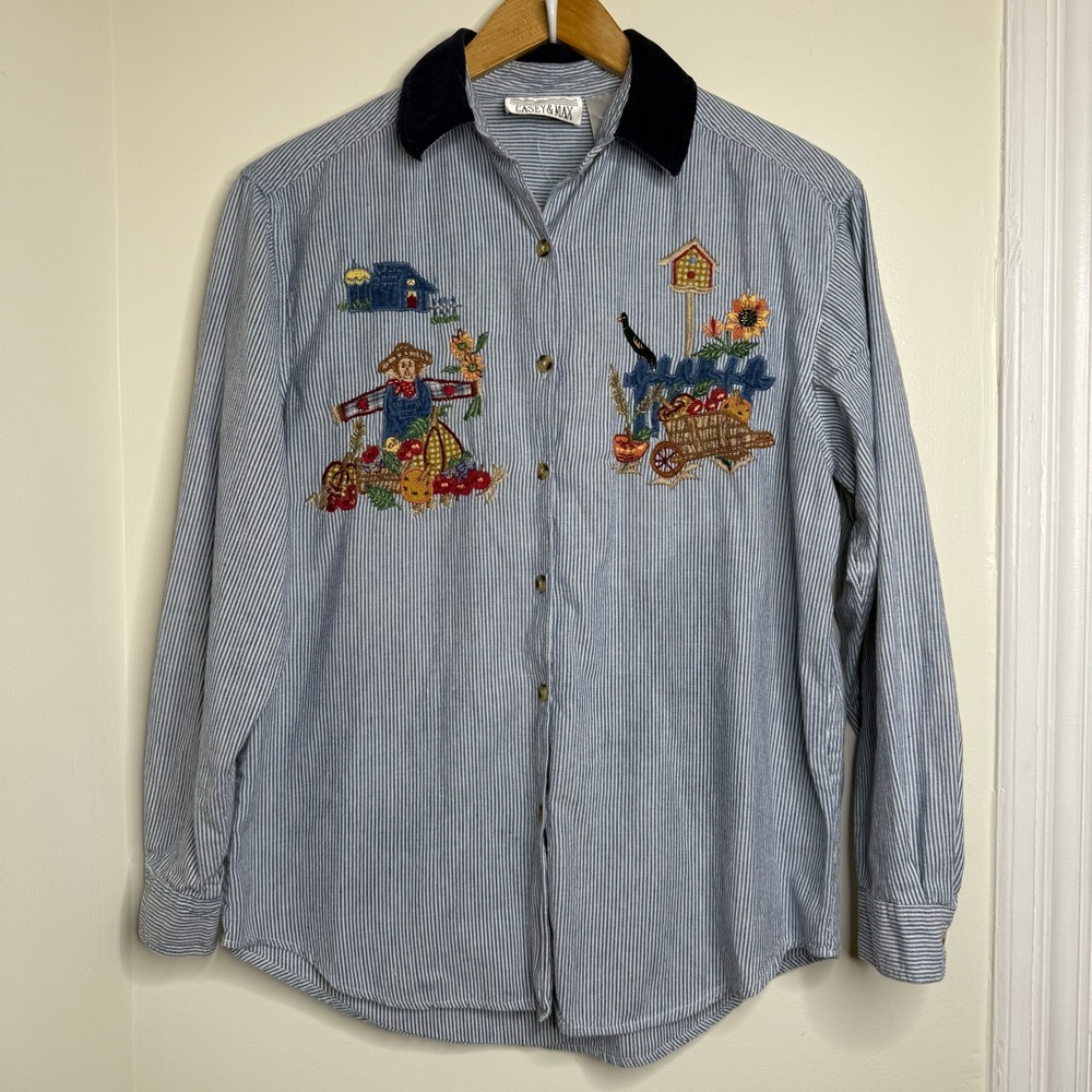 Vintage Casey & Max Harvest Railroad Stripe Button Down Shirt Women’s Sz Medium